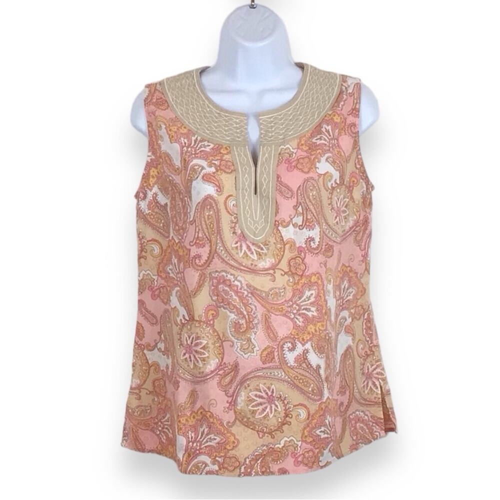 Susan Bristol Embellished Sleeveless Pink and Tan Blouse